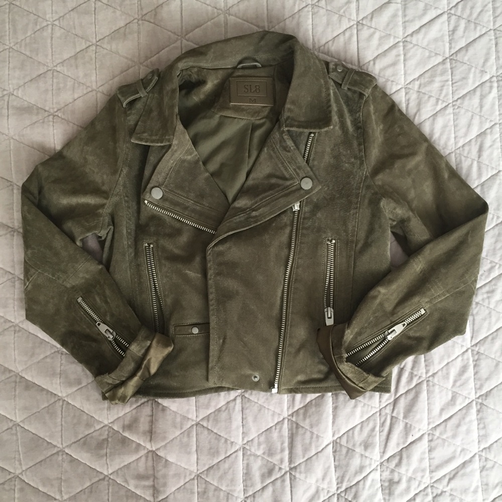 Olive Green Suede Moto Leather Jacket
